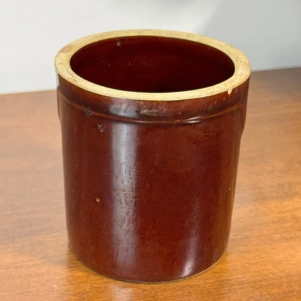 Antique Brown Albany Slip Stoneware Butter Crock Primitive Kitchen Pottery 4